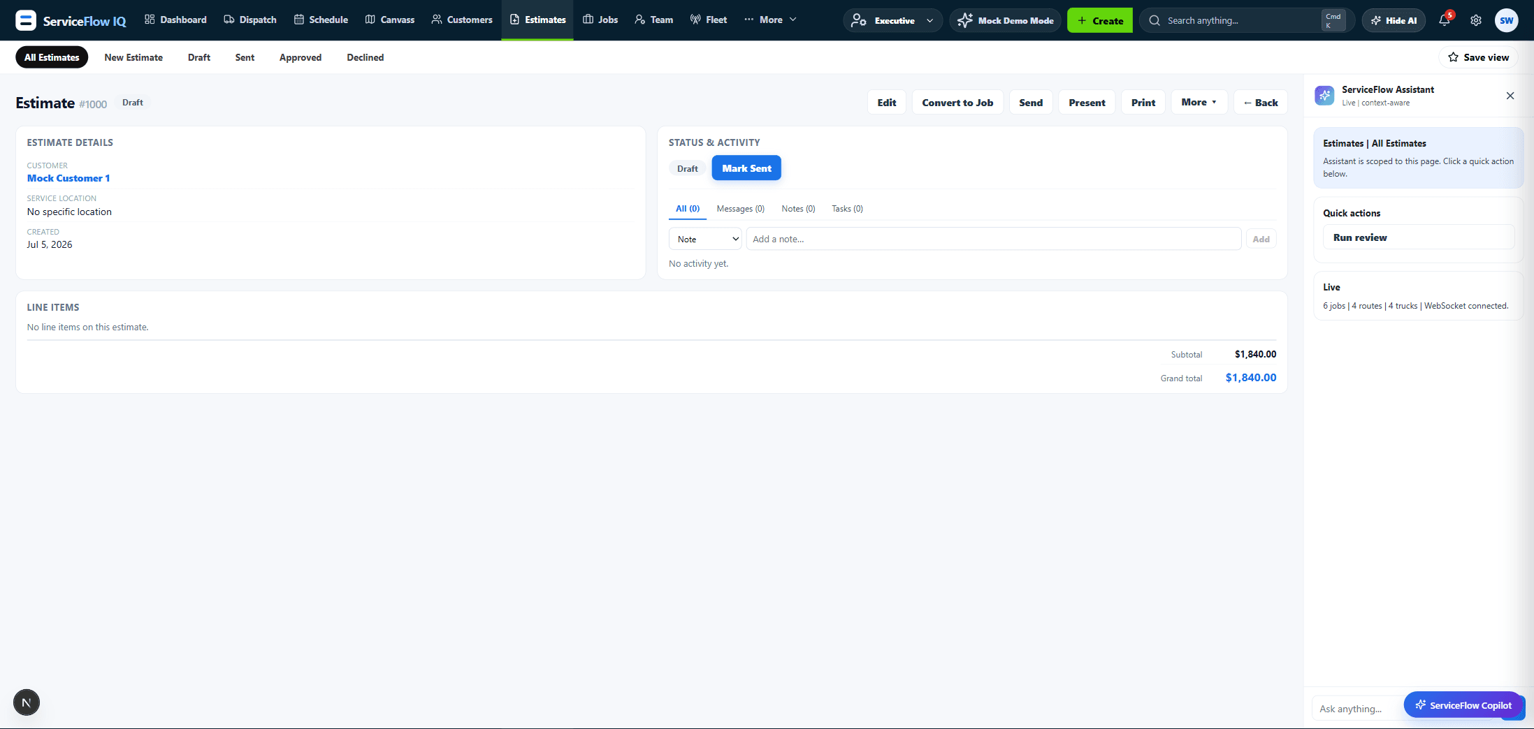 An estimate detail view with line items, totals, and send and convert actions.