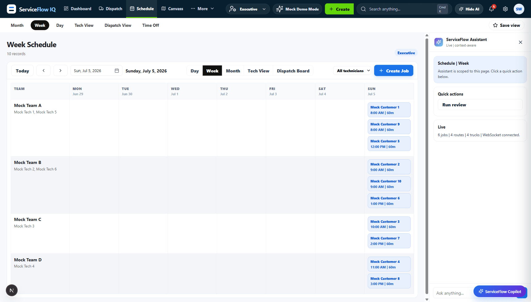 The week schedule view showing jobs across technician rows.